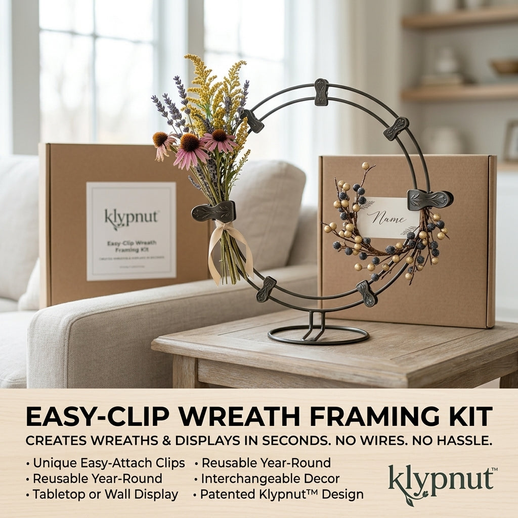 klypnut™ Easy-Clip Wreath Framing Kit - Reusable Wire-Free Metal Floral Hoop with Stand for Tabletop & Wall Display - Patented DIY Seasonal Wreath Maker & Centerpiece for Holidays, Weddings, and Home Decor