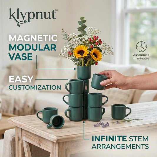 klypnut™ Magnetic Modular Vase – Stackable Ceramic Flower Arrangement System, Creative DIY Interlocking Table Centerpiece, Customizable Modern Decor for Living Room & Office (Matte Green)